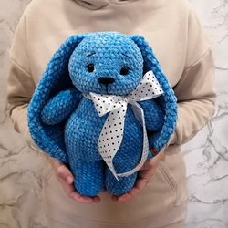blue bunny, plush yarn, cute gift for easter basket and baby shower