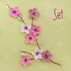 Pink Cherry blossoms, Set of 8 flowers, Sakura flowers appliques,  Spring flowers, Crochet  Mini Flower