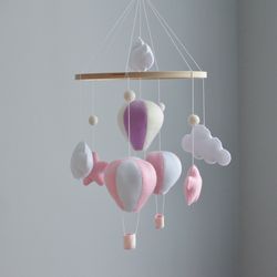 Hand sewn  baby mobile for nursery decor with Hot air balloons,clouds and stars