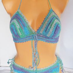 Crochet Brazilian Bikini Set Striped Colorful Turquoise Swimsuit Two Piece Sexy Brazilian Bikini Handmade Women Swimwear