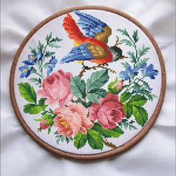 Vintage Cross Stitch Scheme Bird in flowers