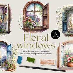 06 designs of vintage watercolor floral windows clipart flower lover bundle