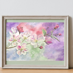 Apple tree blooming original watercolour and soft pastel painting hand painted modern painting wall art 8x11 inch