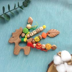 Personalised baby toy wooden rattle deer elk with name woodland - crochet personalized newborn gift - baby shower gift