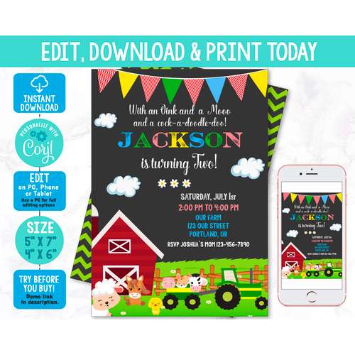 Editable farm birthday invitation Corjl template Boy farmer invitation Barnyard party invite Party animal country invite