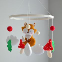 handmade woodland nursery mobile with fox and mushrooms, gender neutral baby shower new baby gift