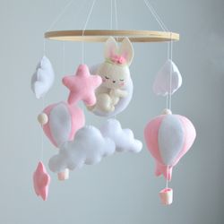 Hand sewn Bunny baby mobile for nursery decor with balloons ,clouds and stars