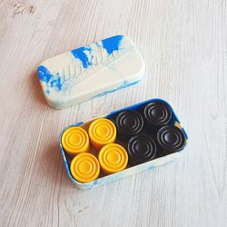Black yellow Soviet carbolite checkers set vintage - Old Russian draughts pieces box blue white