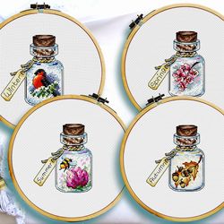 Bullfinch cross stitch, Autumn leaf cross stitch, Bee cross stitch, Cherry blossoms, Bottle cross stitch, Digital PDF