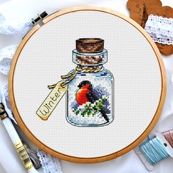 Bullfinch cross stitch, Bird cross stitch, Winter in a bottle cross stitch, Small cross stitch, Digital PDF