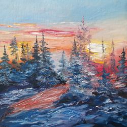 Painting Winter forest, landscape oil painting, original painting, sunset in the forest,sunset oil