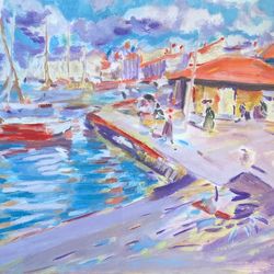 Fishermans bay wall art seascape painting impressionism original gouache painting handmade