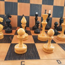 Wooden chessmen USSR 1960s - Soviet chess pieces vintage 102 mm king