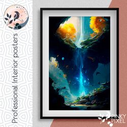 escape to a serene blue oasis: digital waterfall poster. digital product.