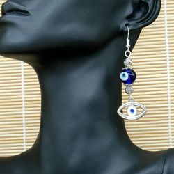 evil eye protection | blue glass bead | silver earrings dangle jewelry | good luck | good fortune | positive vibes