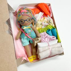 Rainbow hair doll, Mulatto doll in glasses with clothes set, Dress up play doll