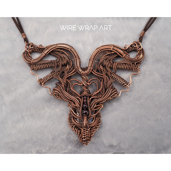 dragon choker necklace wire wrapped garnet agate copper wire handmade wire wrap art wirewrapart weaving wovenwirework jewelry jewellery unique antique collar (2