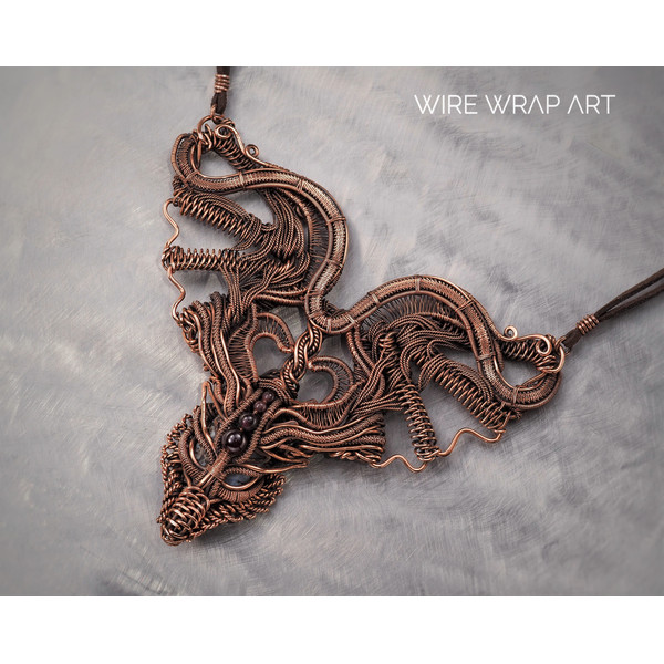 dragon choker necklace wire wrapped garnet agate copper wire handmade wire wrap art wirewrapart weaving wovenwirework jewelry jewellery unique antique collar (7