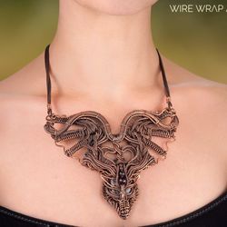 Dragon necklace, Copper wire Agate Red garnets, Unique wire wrapped goth choker, Wire wrap art copper jewelry