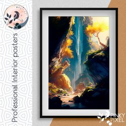 Experience the Tranquility of a Colorful Mountain Waterfall.  Digital Product. Wall Art. Poster.
