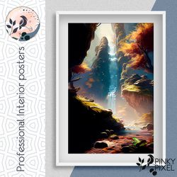 Nature's Majesty: Stunning Waterfall and Serene Brook in the Mountains. Digital Product. Digital Poster.