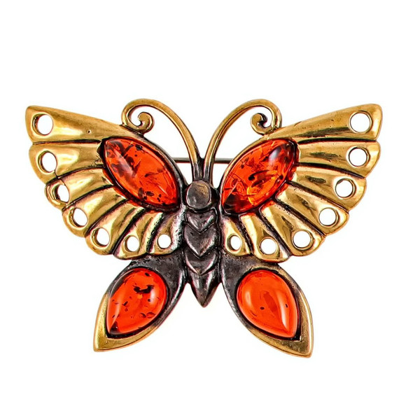 Amber Butterfly Brooch Pin Summer Amber Jewelry Handmade Mother day gift for women  mom brooch on dress Red  Gold Brass.jpg