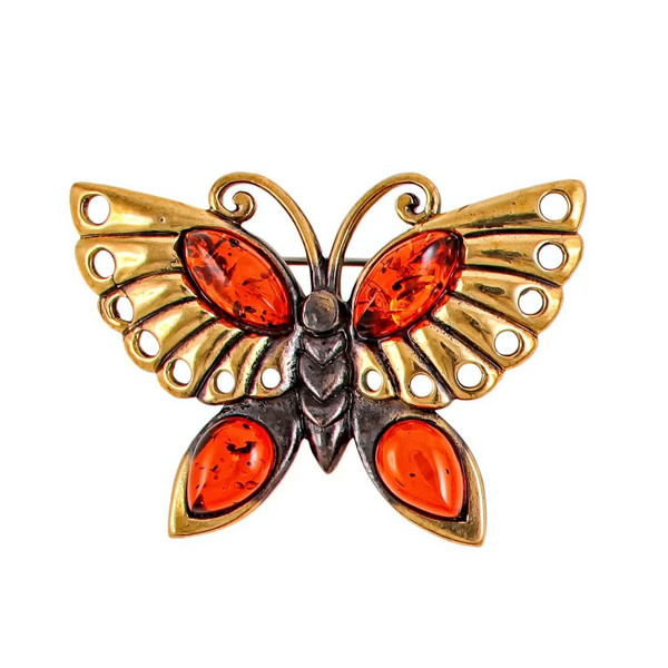 Amber Butterfly Brooch Pin Summer Amber Jewelry Handmade Mother day gift for women  mom brooch on dress Red  Gold Brass.jpg
