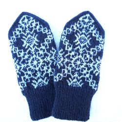 Norwegian mittens men's hand knitted snowflake mittens of merino wool navy blue winter gloves men Christmas gift for Him