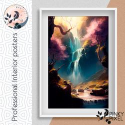bring the beauty of a  waterfall and blooming sakura trees to your home with this high-quality digital print. digital