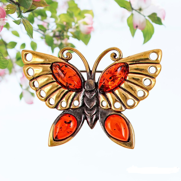 Amber Butterfly Brooch Pin Summer Amber Jewelry Handmade Mother day gift for women  mom brooch on dress Red  Gold Brass-PhotoRoom.png