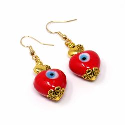 Evil Eye Protection | Heart | Love | Red Glass Bead | Golden Earrings Dangle Jewelry | Good Luck | Positive Vibes