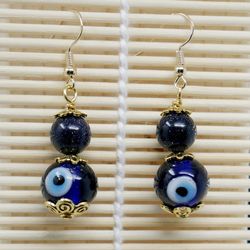 Evil Eye Protection | Blue Glass Bead | Golden Earrings Dangle Jewelry | Good Luck | Good Fortune | Positive Vibes