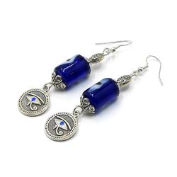 evil eye protection | eye of horus | glass bead | silver earrings dangle jewelry | good luck | wisdom | self awareness |