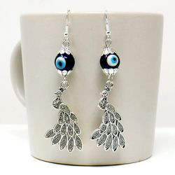 Evil Eye Protection | Peacock | Glass Bead | Silver Earrings Jewelry | Good Luck | Positive Vibes | Grace | Courage