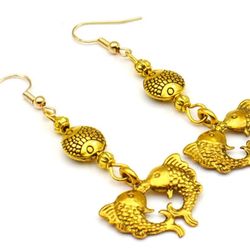 Twin Double Golden Fish | Earrings Dangle Jewelry | Feng Shui | Good Luck | Prosperity | Good Fortune | Abundance