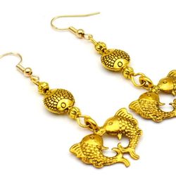 twin double golden fish | earrings dangle jewelry | feng shui | good luck | prosperity | good fortune | abundance