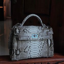 top handle grey classy genuine python skin stitched bag | exotic leather bags | elegant women purse | snake skin bag | d