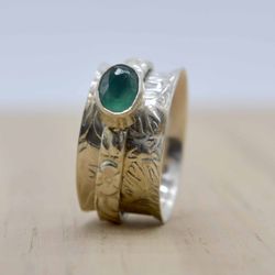 Green Onyx Fidget Spinner Anxiety Ring For Women, Gemstone & 925 Sterling Silver Handmade Unique Jewelry, Gift For Her