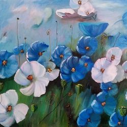 blue poppies flower oil painting wall painting 19*27 inch provence wild flowers art