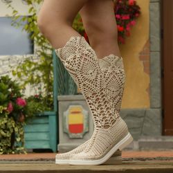 Crochet summer boots Knee high boots women Summer high boots Crochet shoes