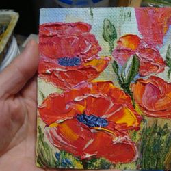 California Poppy Flower Oil Painting Small Painting 4*5 inch Red Poppies