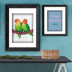 Parrots watercolor, bird painting, watercolor birds lovebirds handmade art by Anne Gorywine