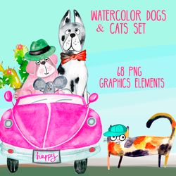 Watercolor cats and dogs hand drawn set, halloween, international dog day, world cat day, funny cats and dogs characters