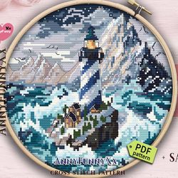 Ice lighthouse cross stitch pattern PDF, lighthouse, landscape cross stitch, winter cross stitch, ocean cross stitch