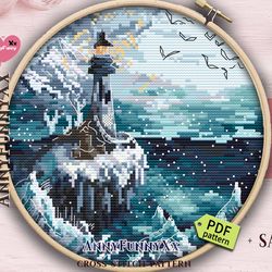 ice lighthouse cross stitch pattern pdf, frozen world, landscape cross stitch, winter cross stitch, ocean cross stitch