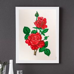 Scarlet Roses original watercolor painting red rose flowers floral artwork botanical wall art kitchen wall decor