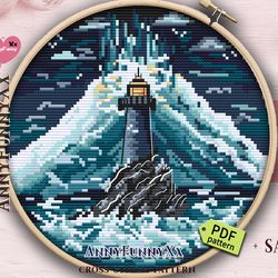 Ice lighthouse cross stitch pattern PDF, iceberg, landscape cross stitch, winter cross stitch, ocean cross stitch