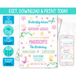 Editable butterfly birthday invitation Corjl template Girl butterfly invitation Summer party invite Insect bugs invite