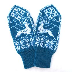 Hand knitted Christmas mittens women's merino wool mittens with deer Norwegian snowflake warm winter gloves gift for Her