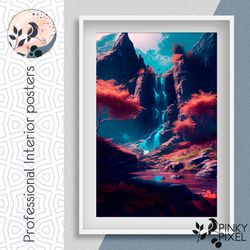 serenity falls: a beautiful blue waterfall poster with pink trees. digital product, digital poster